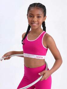 SHEIN Tween Girl Letter Floral Print Striped Colorblock Cropped Sports Tank Top - Pink - View 4