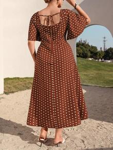 Juhart Plus Size Women's Elegant Romantic L'amoure Square Neck Short Sleeve Cinched Waist A-Line Long Dress, Summer Brunch Party Geometric Polka Dot Brown - Rust Brown - View 3