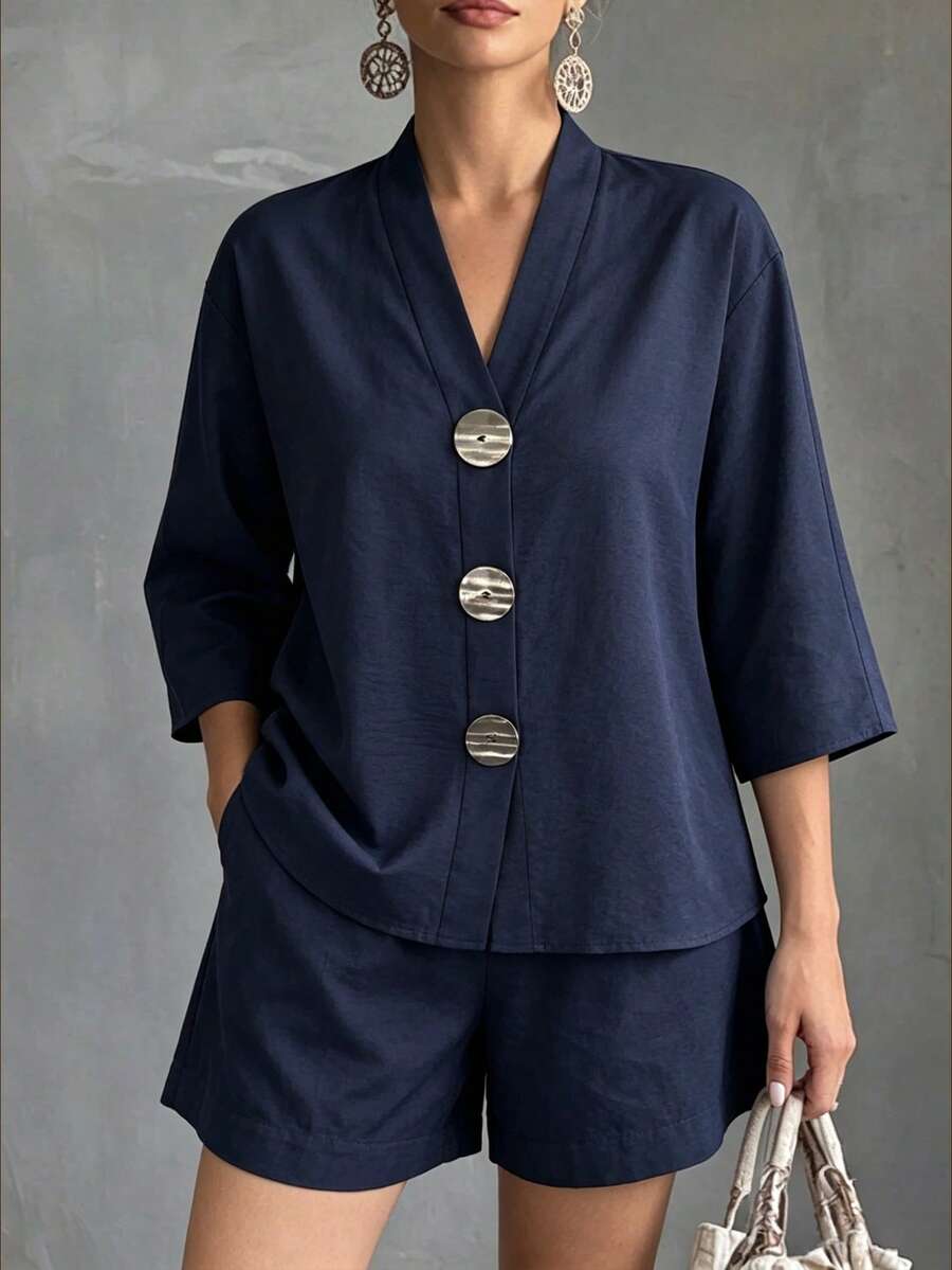 Weeklong Women's Plus Size Spring/Summer Casual Vacation V-Neck Mid-Sleeve Large Decorative Button Loose Slouchy Shorts Two Pieces Set, Suitable For Daily Vacation Wear - Navy Blue - View 1