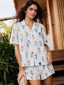 Lullawish Bohemian Casual Striped Floral Print Open Front Petal Sleeve Ruched Short Sleeve Shorts Pajama Set Home White Floral Summer - Multicolor - View 5