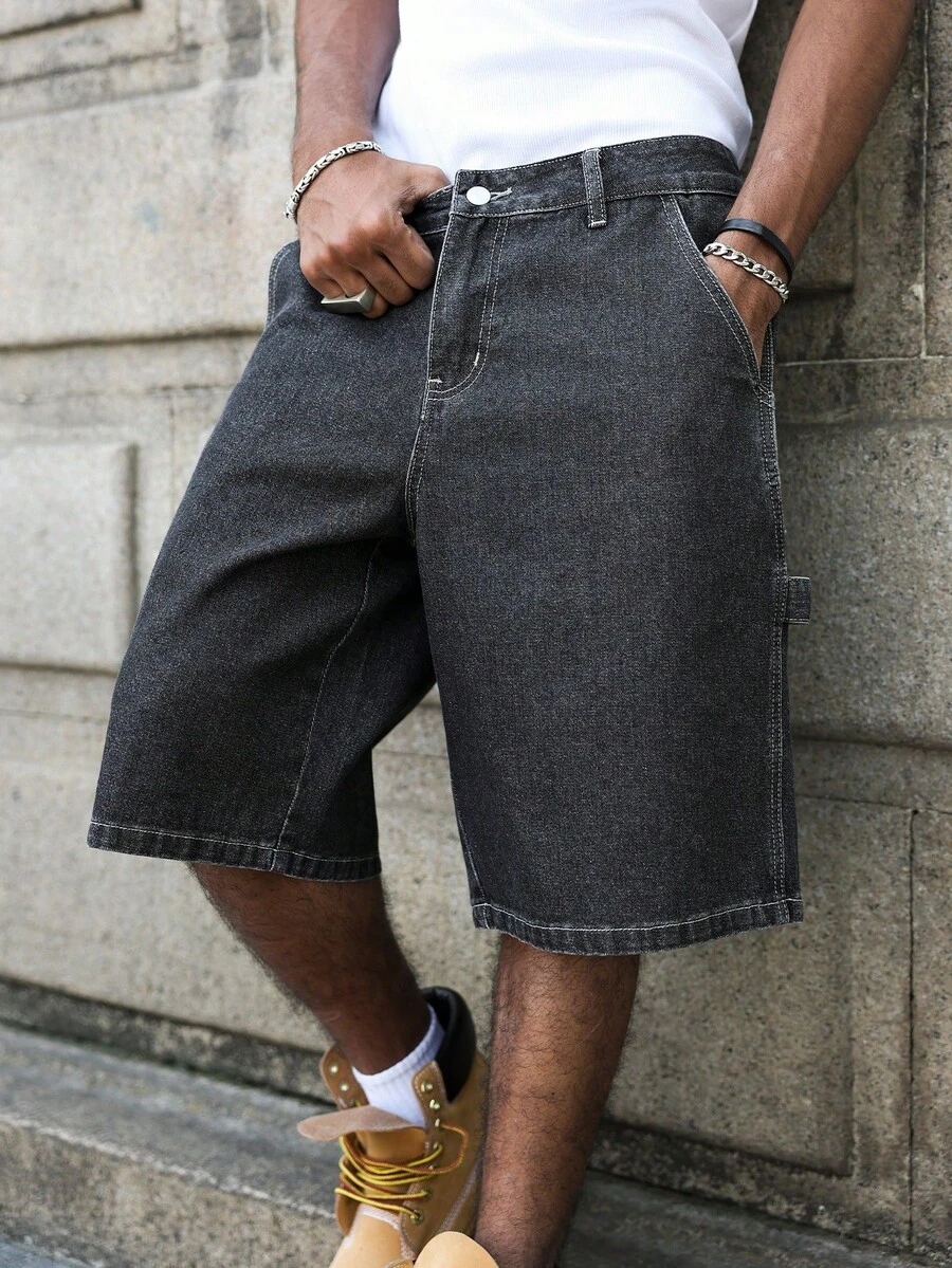 Manfinity EMRG Men's Street Style Casual Multi-Pocket Cargo Dark Gray Plus Size Denim Shorts - Dark Grey - View 1