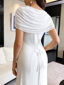 Modelyn 淡黃色薄紗褶皺後背繫帶優雅法式風格女款婚紗 - 白色 - 查看 2