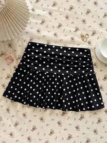 Teen Girls White Knitted Casual Home Versatile Hollow Texture Ruched A-Line Low Waist Mini Skirt, Suitable For Summer - Black - View 2