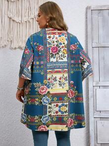 EMERY ROSE Plus-Size Vacation Casual Retro-Style Printed Cardigan, Summer And Early Autumn Sun Protection Lightweight Jacket, Retro And Fashionable Fall - Multicolor - View 3