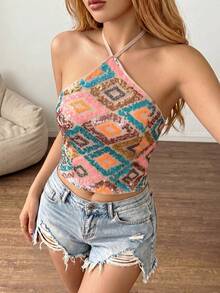 SHEIN PETITE 女款亮片掛脖露背修身上衣 米色 夏季度假穿搭 YK2 生日度假派對之夜 音樂節派對 小碼女款 - 玫紅色 - 查看 7