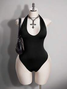 SHEIN ICON Plus Size Women's Summer Dark Punk Style Sexy Casual Goth Minimalist Versatile Solid Color Backless Halter Neck Bodysuit Date Night Rave Black - Black - View 1