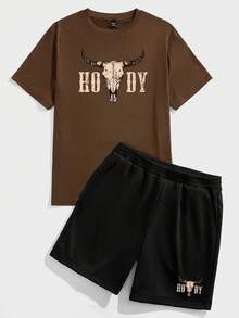 Torvinic Men's Casual Vintage Bull Skull Distressed HODY Print Coffee Color Short Sleeve T-Shirt Black Short Sleeve Set, Suitable For Summer Wear - Multicolor - View 5