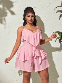 Maweii Plus Size Sexy Elegant Celestial V-Neck Ruffle Asymmetric Camisole Top Shorts 2 Pieces Set Vacation Party Pink Summer - Pink - View 4