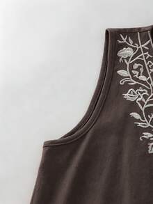 Balvessa 棕色花卉刺繡女款無袖V領休閒鄉村風波希米亞度假夏季上衣 - 棕色 - 查看 3