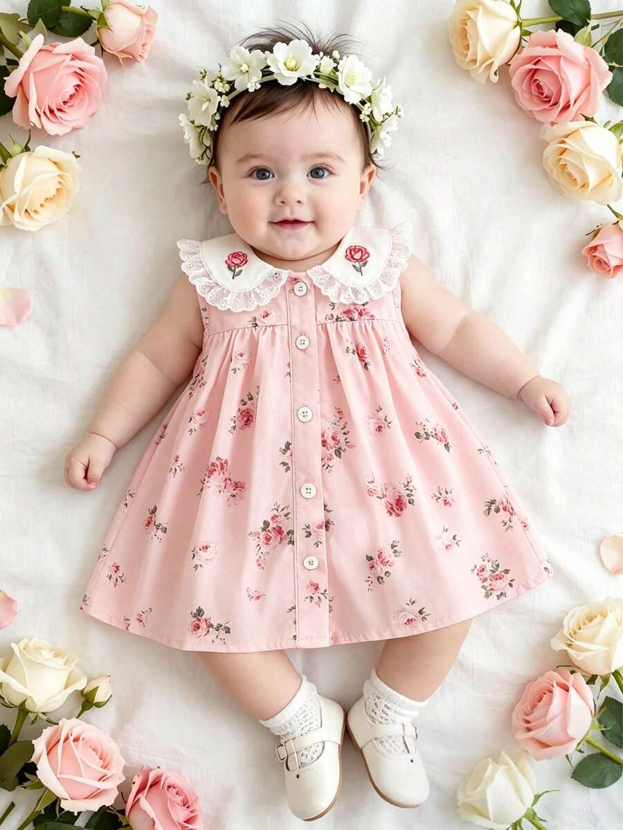 SHEIN Infant Girls'Cute Summer Light Pink Rose Embroidered Lace Collar Sleeveless A-Line Dress Soft Fabric Infant Dress For Party Cruise Photography 0-12M - Pink - View 1