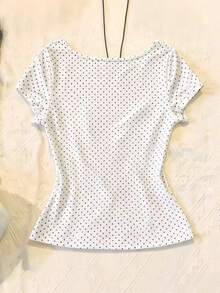 Camiseta casual y versátil de uso diario con estampado de lunares y detalle de nudo para mujer - Albaricoque - Ver 2
