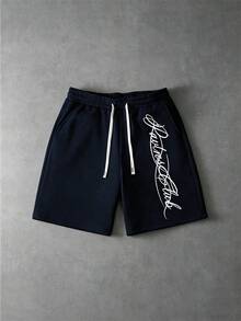 Manfinity Roghcode 男士大尺碼街頭風「Signature」手寫字休閒短褲，彈性腰抽繩短褲，高辨識度街頭風，輕便機能休閒感，戶外野性風，中性穿搭，日常休閒，街頭穿搭，時尚穿搭，運動，返校季，音樂節，中性情侶，節日禮物 - 藏蓝色 - 查看 2