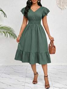 SHEIN Lady Women's Solid Color Shirred Ruffle Short Sleeve Shirred Waist Casual Mini Dress - Green - View 1