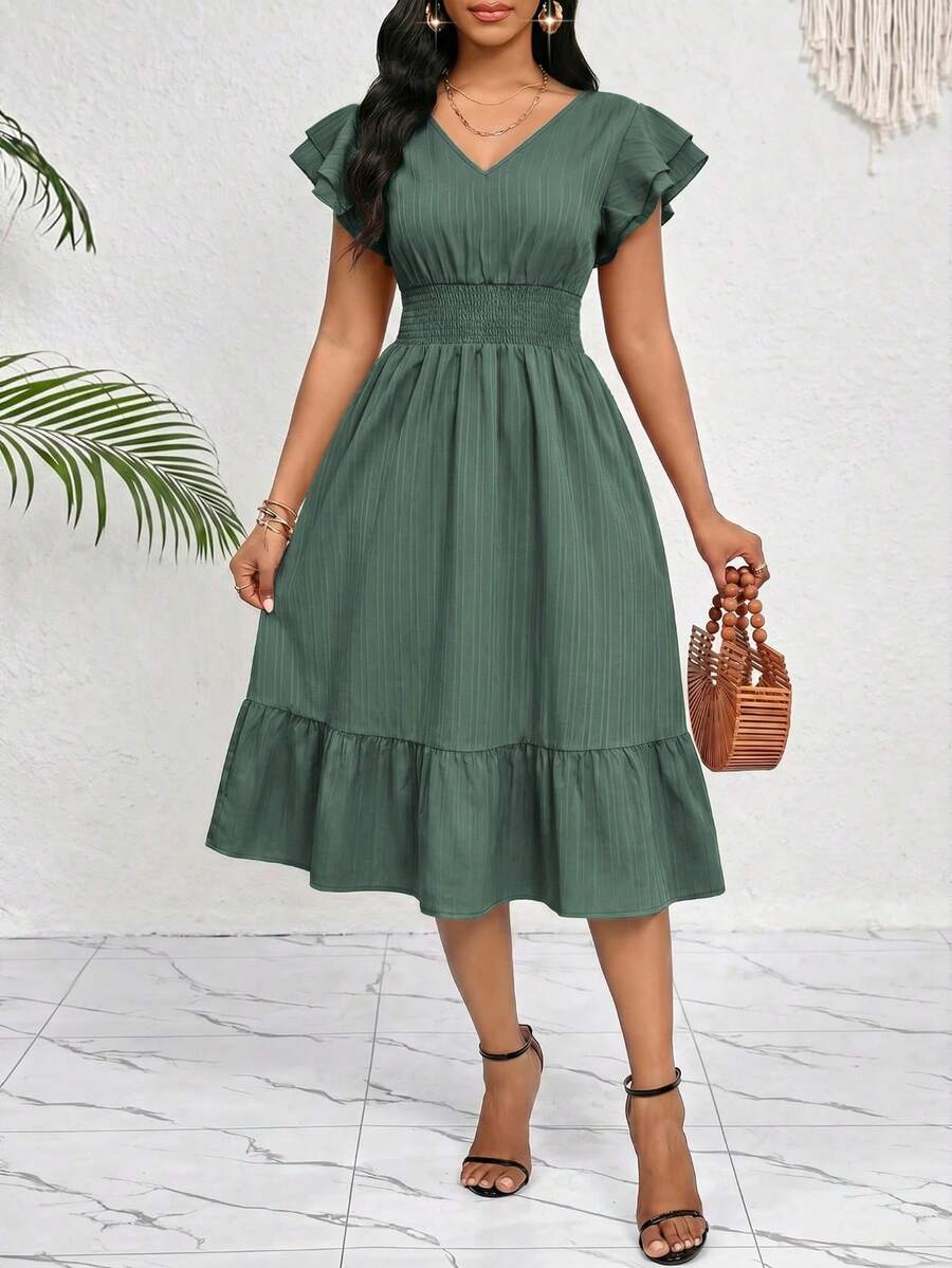 SHEIN Lady Women's Solid Color Shirred Ruffle Short Sleeve Shirred Waist Casual Mini Dress - Green - View 1