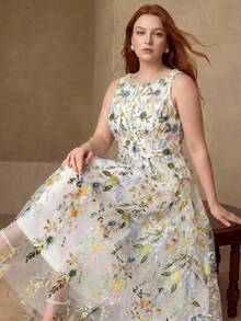 MOTF PREMIUM PLUS SIZE WOMEN'S ROUND NECK SLEEVELESS MESH EMBROIDERED DRESS, CASUAL & DATE WEAR, SPRING/SUMMER - Multicolor - View 3
