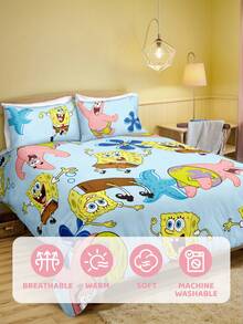SpongeBob SquarePants | SHEIN 三件套海洋动物卡通印花被套，磨毛材质，柔软保暖，蓝色被套，双面图案，多种尺寸可选，适用于单人床/双人床/特大床，送礼佳品 - 藍白色 - 查看 7