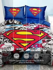 SUPERMAN X SHEIN 3件組卡通圖案被套組，柔軟保暖，可水洗，適用於單人/雙人/Queen/King尺寸床 - 彩色 - 查看 9