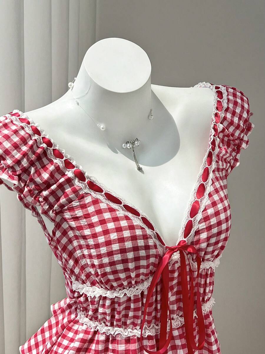 Elamini Summer Sweet Sexy Vacation Style Lace Trim Plaid Ruffle Short Fitted Short Sleeve Shirt - Red - View 1