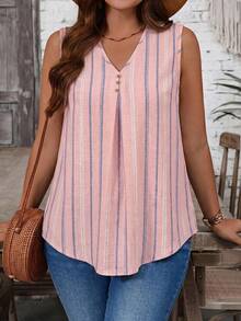 EMERY ROSE Striped Plus Size V-Neck Sleeveless Shirt Suitable For Summer - Multicolor - View 4