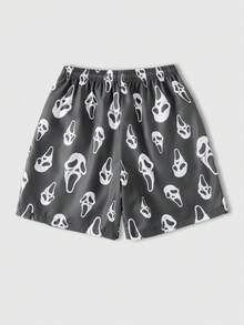 ROMWE MEN Men's Casual Gothic Fashion Ghost Face Print Pocket Drawstring Waist Beach Shorts - Grey - View 2