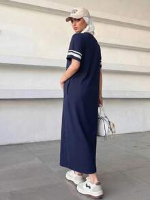 Solavon 女款夏季休閒海軍藍白字母印花洋裝，適合旅行、返校、日常穿著 - 藏蓝色 - 查看 2