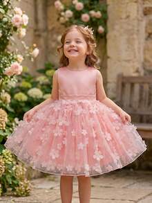 SHEIN Glamorique Kids Girls Princess Dress, Flower Girl, Birthday Party Wedding Holiday Dress, Satin Texture Fabric Sleeveless Pink 3D Flower Tulle Skirt With Back Tie Bow, Prom Dresses, Graduation Dresses, Summer Dress, Gorgeous Evening Gown - Pink - View 2