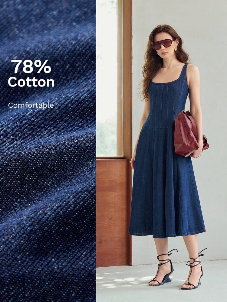 WOMEN'S A-LINE MID-LENGTH DENIM DRESS WITH LOW CENTER OF GRAVITY DESIGN, SPRING/SUMMER