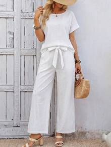EMERY ROSE Women's Solid Color Short Sleeve Top And Long Pants Casual Daily 2 Pieces Set - White - View 4