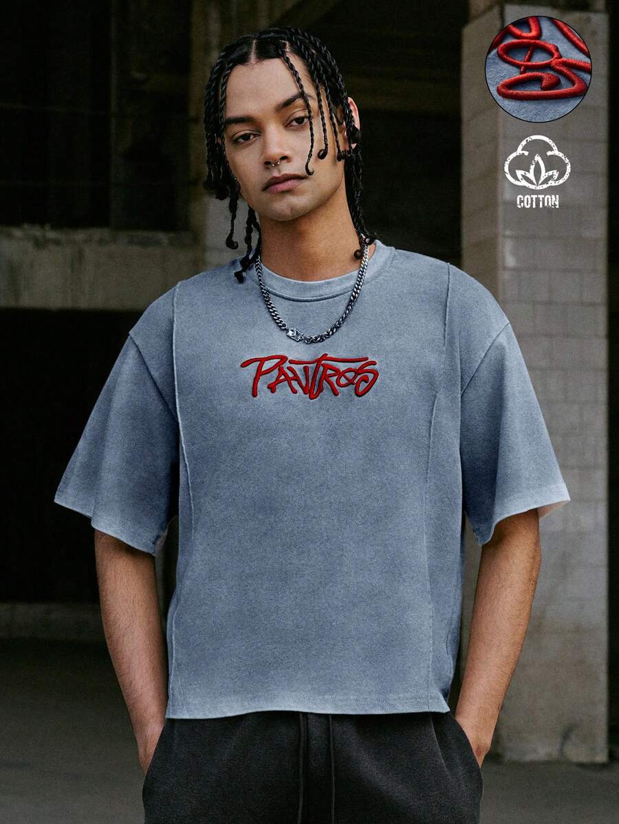 PAVTROS Men's Casual Letter Embroidered Round Neck Short Sleeve T-Shirt (Asymmetrical Wash Spray Print), Holiday - Blue - View 1