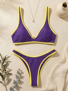 Swim Vcay Pure White Trim Split Bikini Set, Black Body With White Trim Design, High-Cut Triangle Bottoms, Contrast Color Design - Multicolor - View 5
