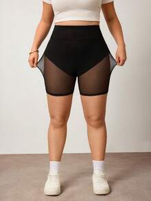 Enliva Plus Size Women's Transparent Mesh Contrast Lace Cycling Shorts - Black - View 4