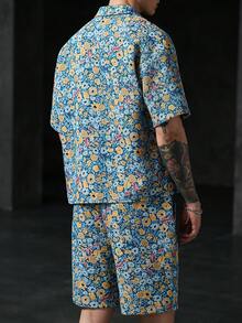 Manfinity Homme 男士成熟休閒襯衫套裝，花卉提花設計，鈕扣前襟設計，穿著方便且舒適，適合日常穿著、外出、音樂節和夏威夷海灘度假，也是送給男朋友或丈夫的理想禮物，春夏季風格 - 彩色 - 查看 3