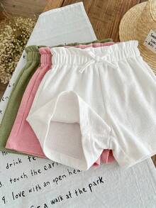 SHEIN LMoss Kids Young Girl LMoss 女孩 3件式休閒夏季套裝：梭織柔軟雙層紗布荷葉邊短褲，鬆緊腰頭，純色，百搭輕盈 - 彩色 - 查看 5
