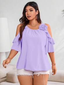 Vionelle Plus Cold Shoulder Ruffle Trim Blouse For Summer For New Year Clothes - Mauve Purple - View 4