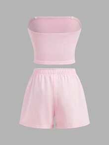 SHEIN Girlism 青少年女孩休閒運動純色粉色抹胸上衣與短褲兩件套 夏季度假款 - 粉色 - 查看 2