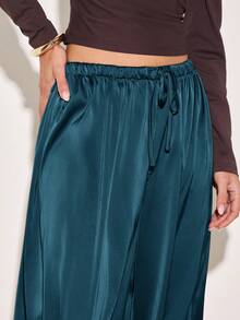 COSMINA Pantalones largos holgados de pierna ancha con diseño de cordón en la cintura y puños para mujer, unicolor - Verde - Ver 3