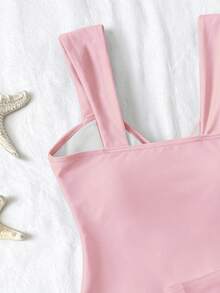 SHEIN 青少年女孩一件式泳衣，紋理布料搭配裙擺網布，適合海灘泳池休閒度假，春夏款 - 淺粉色 - 查看 5