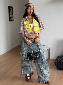 Coolane 女款春夏季復古學院風短版格紋寬鬆短版上衣紅色襯衫新年穿搭 - 粉色 - 查看 2