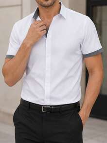 Manfinity Bizformal Men's Business Casual Patchwork Design Short Sleeve Shirt, Formal - White - View 3
