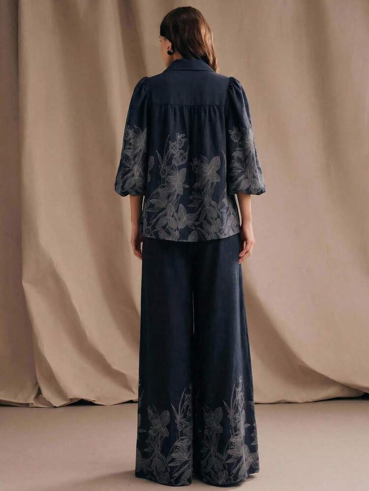 Elegant Dark Floral Embroidered Loose Turn-Up Collar Puff Sleeve Blouse + Wide Leg Pants Women's Two Pieces Set
