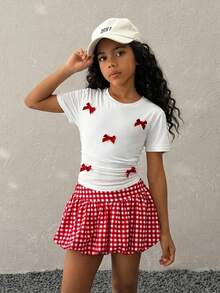 Tween Girls Spring Casual Crew Neck Short Sleeve Bow Top,Basic Knit Stretchy Comfortable Rad Plaid Bubble Skirts - Multicolor - View 1