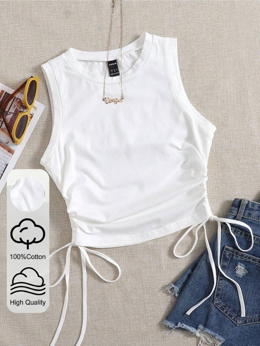 Comfortcana Plus Size White Cotton Drawstring Basic Stretch Knit Tank Top Vacation Summer Medieval - White - View 1