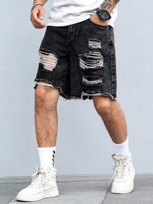 Manfinity LEGND Loose Men Cotton Ladder Distressed Denim Shorts - Black - View 3
