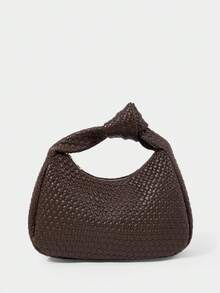SHECARRY Bolso de mano retro marrón de moda para mujer, material PU tejido exquisito, bolso de media luna portátil con nudo simple, adecuado para uso diario, ir al trabajo, compras, citas, regalos, vacaciones, viajes - Café oscuro - Ver 2