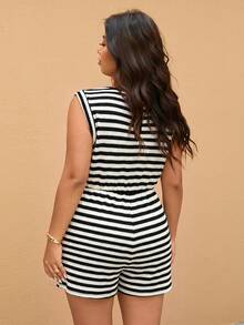 Elaquor Plus Size Women's Sleeveless Striped Drawstring Jumpsuit - Black and White - View 3