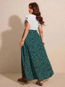Elaquor Women's Plus Size Ruffle Sleeve High Waist Side Slit Dress - Dark Green - View 2