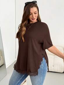 Shapeblank Plus-Size Women's Spring/Summer Fashionable Casual Elegant Loose Comfortable Everyday Holiday Basic Versatile Slimming Lace Trim Brown T-Shirt - Brown - View 7