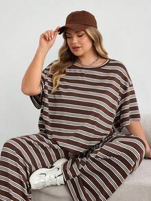 SHEIN CURVE+ Plus Size Women's Striped Short Sleeve Top And Wide Leg Pants Casual 2 Pieces Set - Multicolor - View 9