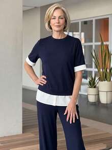 EMERY ROSE Middle-Aged And Elderly Women's Color-Block Patchwork Top And Long Pants Set Casual Summer Outfits For Women - Blue - View 9