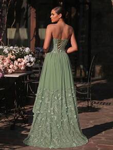Glamrae Elegant Romantic Handmade 3D Floral Lace Chiffon Patchwork Strapless Basque Low Waist Court Style Extra Large A-Line Skirt Hem Romantic Lace Patchwork Suitable For Date Vacation Wedding Event Back To School Season Bachelorette Party Women's Evening Gown - Green - View 2